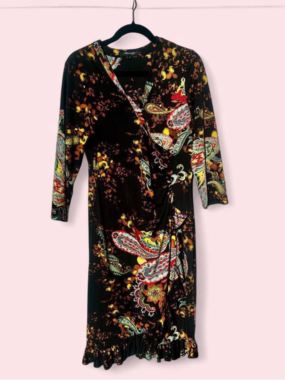 Black Paisley Wrap-Style Long Sleeve Dress with Multicolor Accents
